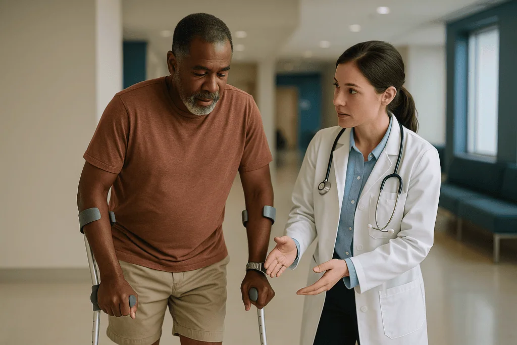 Doctor consulting with patient using crutches in hospital corridor: How a replaced hip or knee actually works