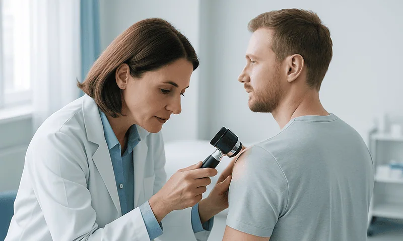 Doctor examining patient's skin with a dermatoscope in a clinical setting.