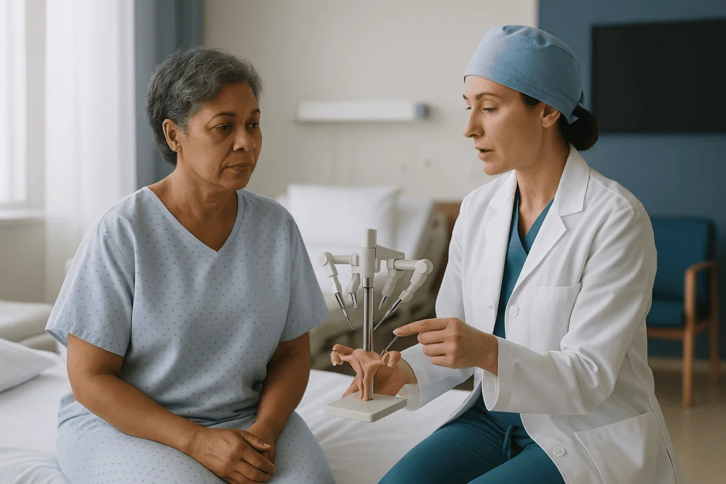 Doctor consulting patient in hospital room with spine model: How a robotic hysterectomy actually works