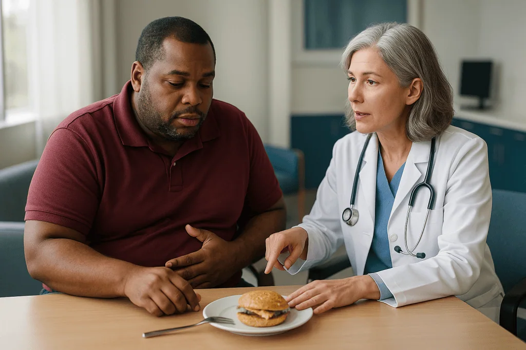 Doctor consulting patient about burger on plate: How a Roux-en-Y bypass works, and where it can drift over time