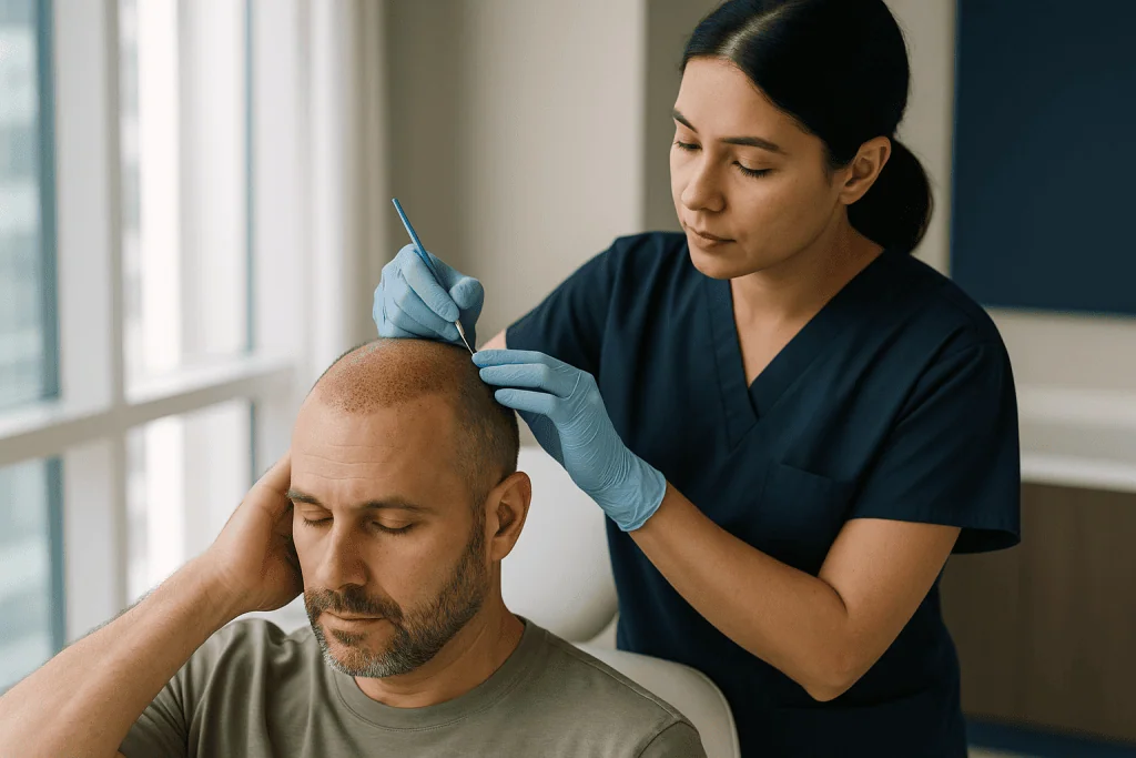 Medical professional examining patient scalp with surgical instrument: How a sapphire FUE hair transplant actually works