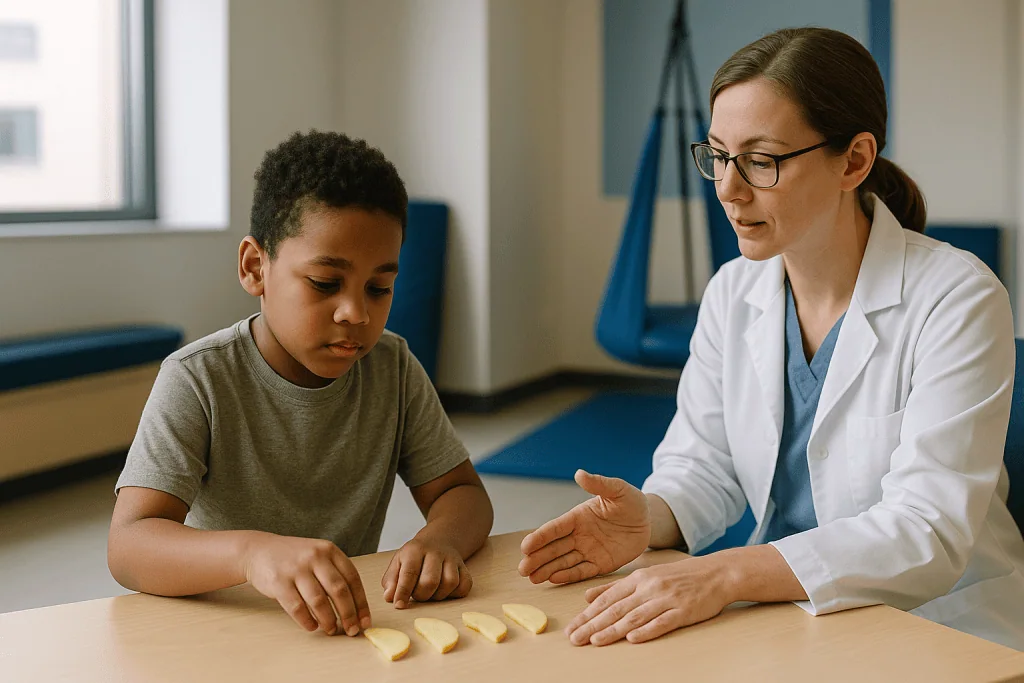 Healthcare professional working with child on sensory activity: How a sensory integration session works, minute by minute
