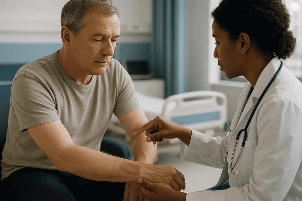 Doctor examining patient's arm injury in clinical setting: How a skin graft actually takes: what happens in the wound bed