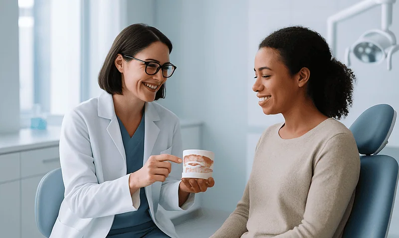 Dentist showing dental model to patient in consultation room.