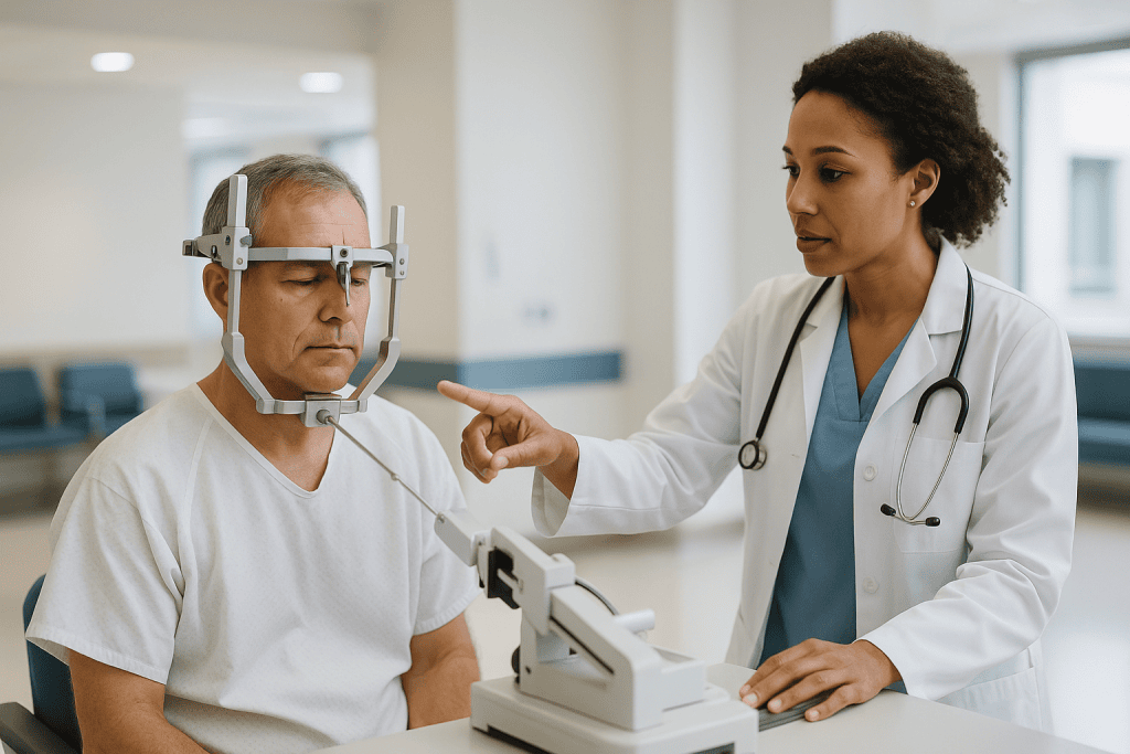 Doctor examining patient with stereotactic frame headset: How a stereotactic biopsy actually works, step by step