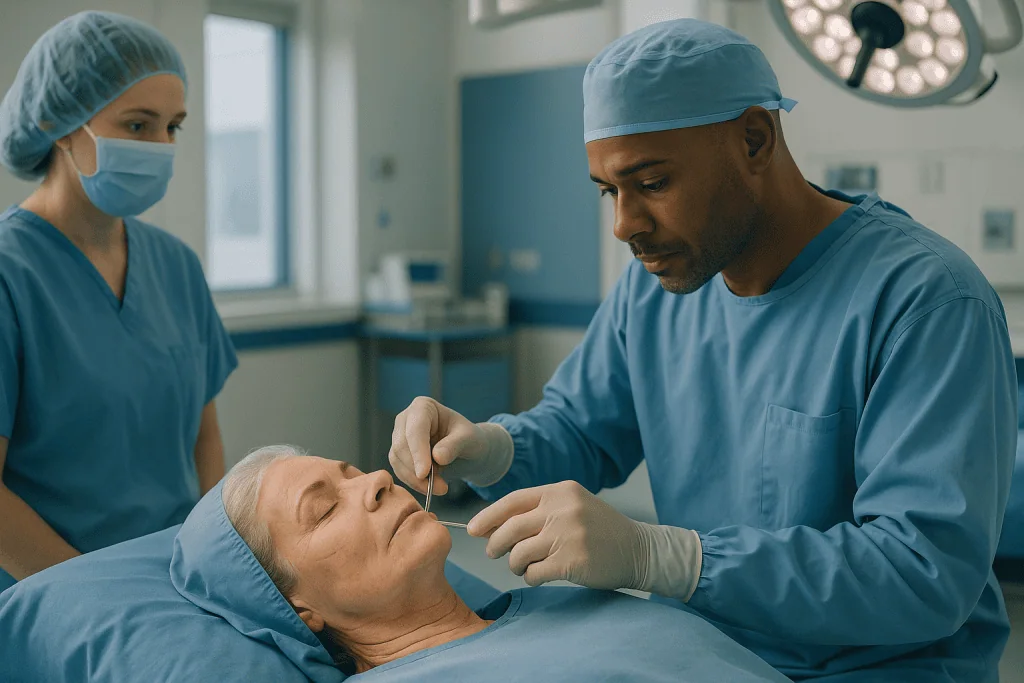 Surgeon examining patient's face pre-operative consultation: How a surgical facelift works: what actually happens in the ope