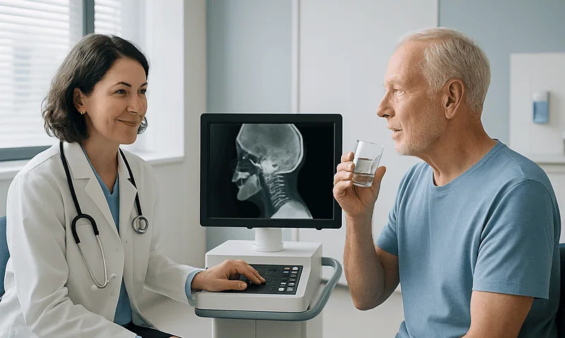 Doctor explains swallow study to patient with X-ray image on screen.