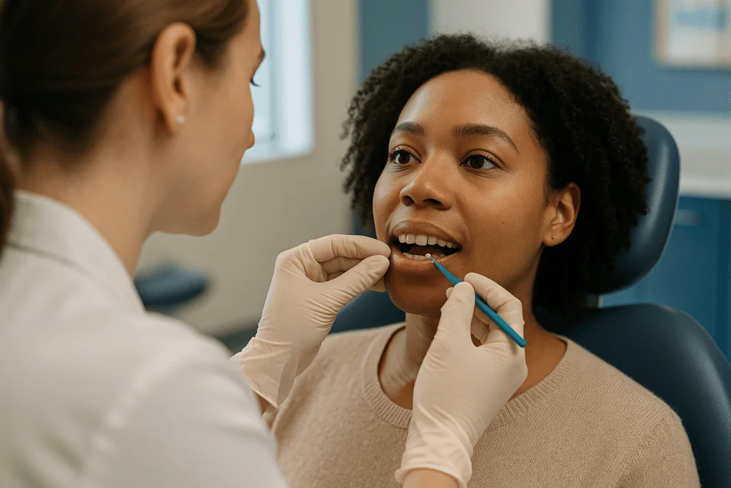 Dentist examining patient's teeth with dental mirror: How a tooth gem is attached: what actually happens on the enamel