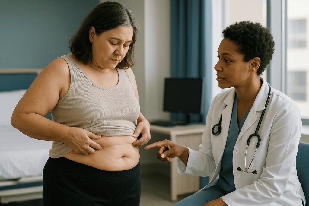 Doctor consulting patient about abdominal examination: How a traditional abdominoplasty actually works