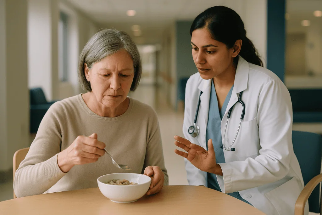Doctor consulting elderly patient about food bowl: How a tremor actually happens inside the brain and body