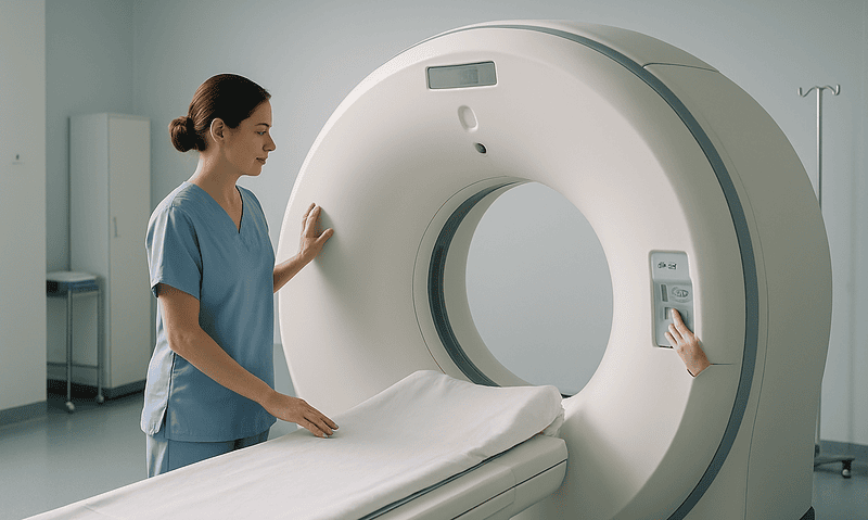 Medical professional prepares MRI scan in a modern hospital setting.