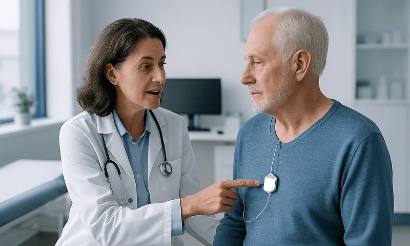 Doctor explaining vagus nerve stimulator to patient in clinic.