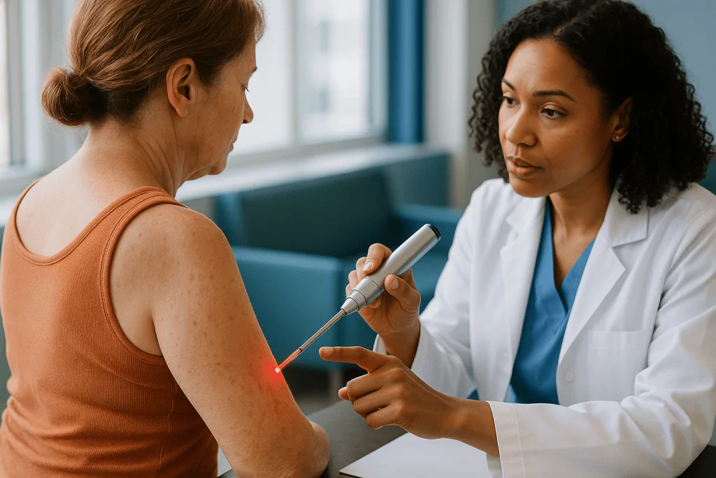 Doctor examining patient shoulder with laser device: How a vascular laser actually works: light, blood and the color of skin