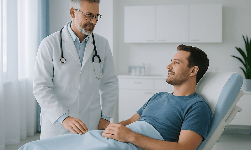 Doctor consulting with patient in a medical examination room.