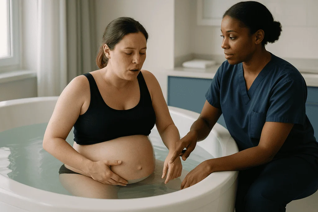 Pregnant woman in water birth pool with midwife assessment: How a water birth actually works, from first contraction to firs