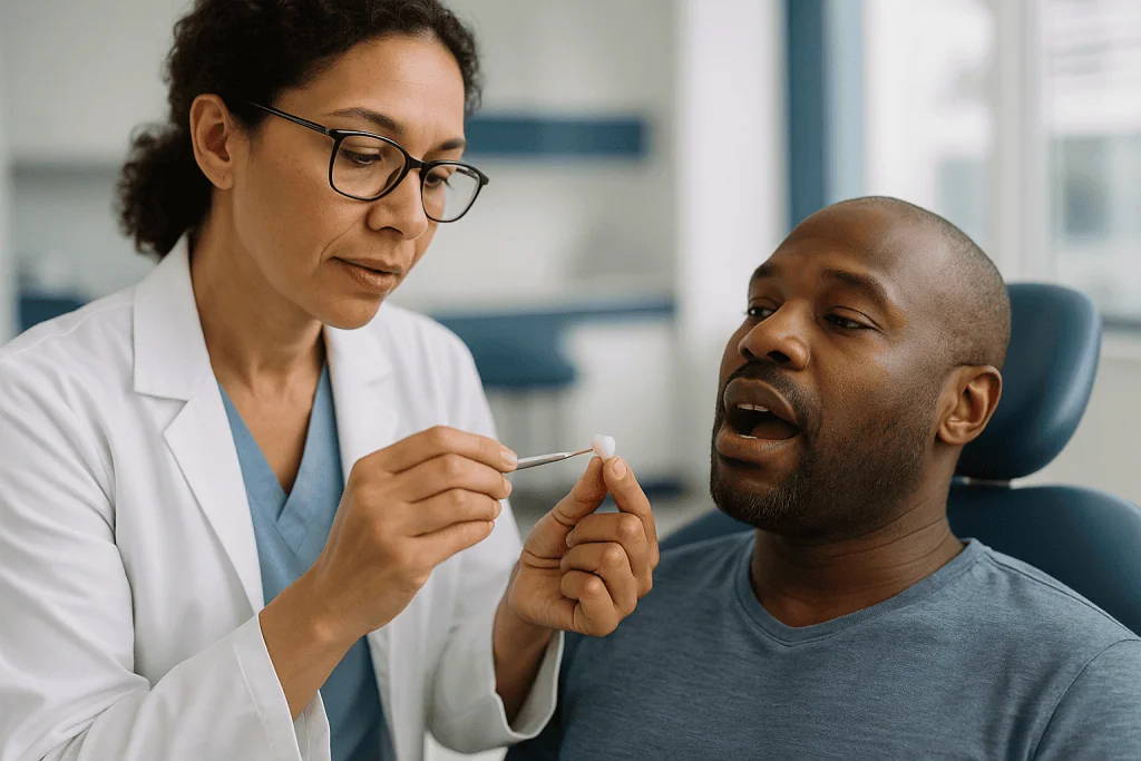 Doctor examining patient's mouth with tongue depressor: How a zirconia crown is fitted, and what actually happens at cementa