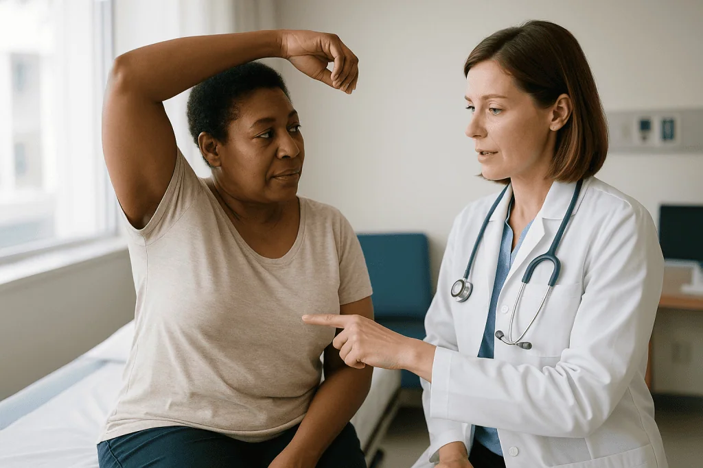 Doctor examining patient shoulder and arm during consultation: How accessory breast removal surgery works, step by step