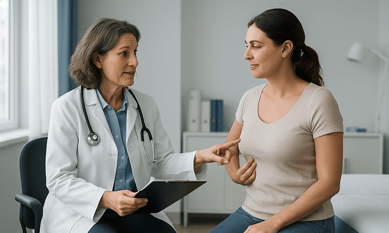 Doctor consulting with a patient about accessory breast removal options.
