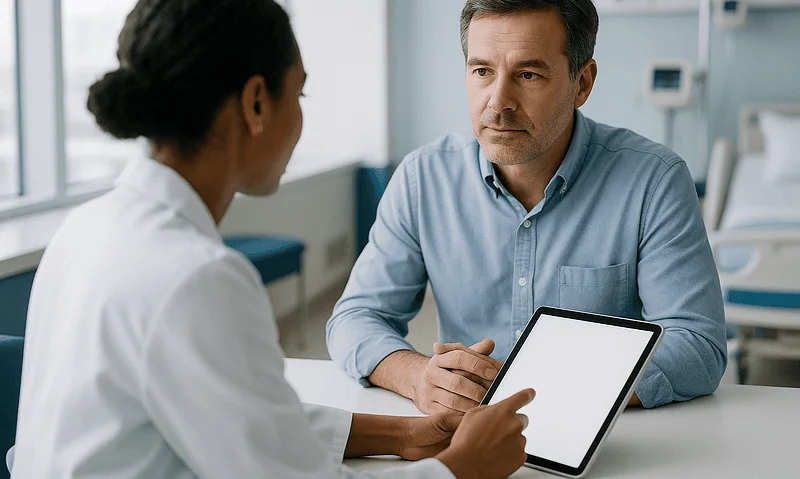 Doctor consulting with patient in hospital room with tablet device.