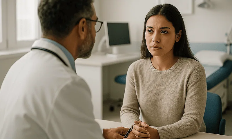 Doctor consulting with a young female patient in a medical office.