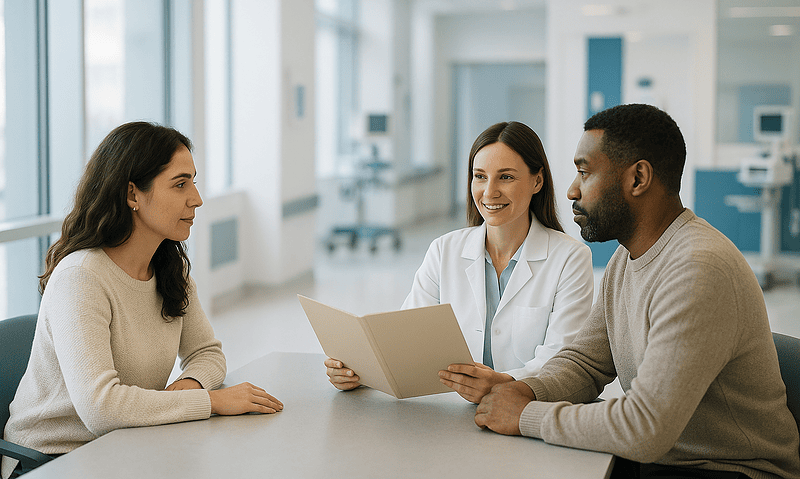 Patients consulting with a doctor in a modern hospital setting.