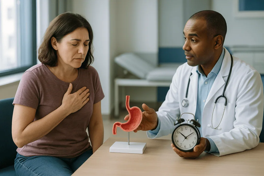 Doctor consulting patient about digestive health condition: How acid reflux actually happens: the valve, the pressure and th