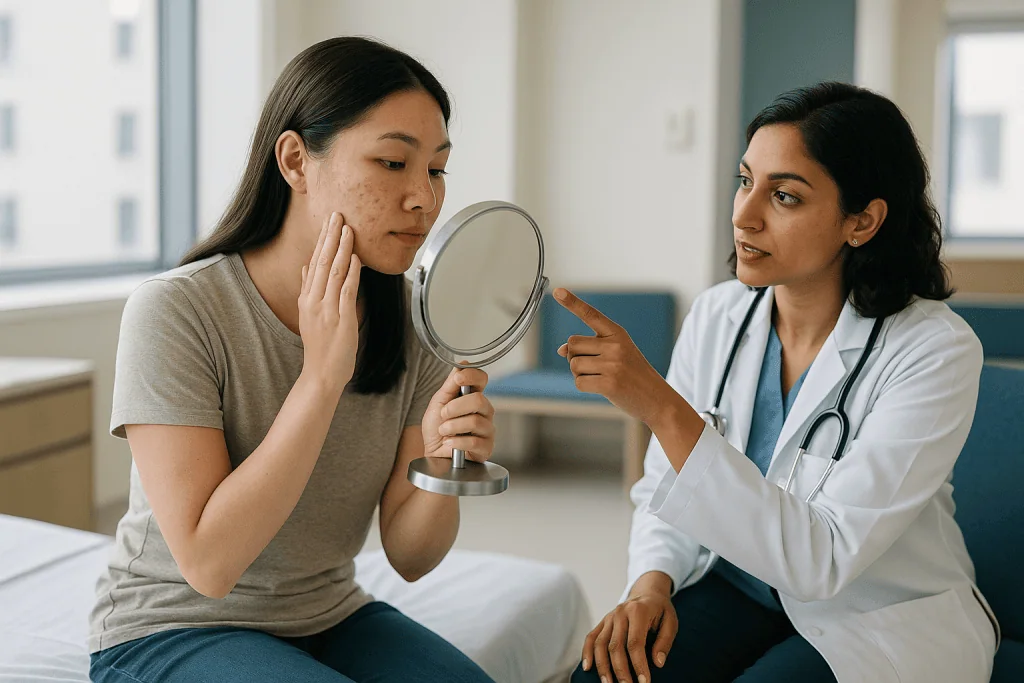 Female patient with acne consulting dermatologist with mirror: How acne forms, and why that decides the first move