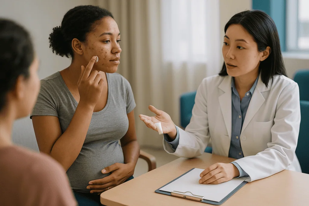 Pregnant woman consulting with female dermatologist about skin condition: How acne treatment during pregnancy actually works