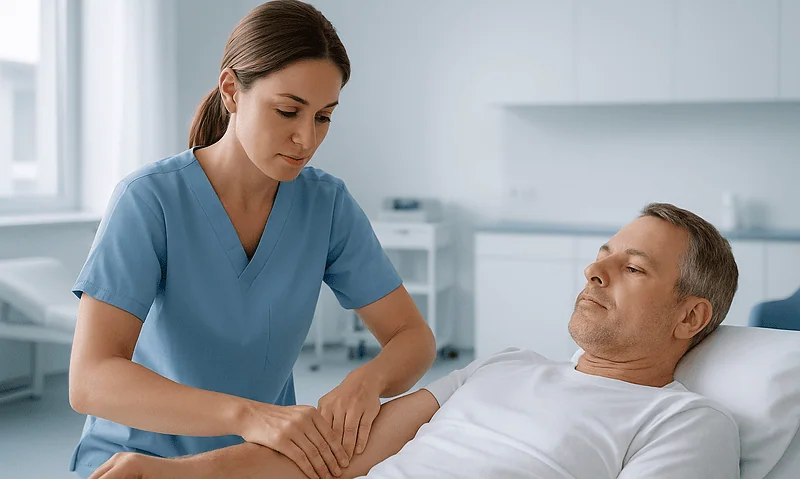 Nurse caring for a patient in a hospital bed, healthcare setting.