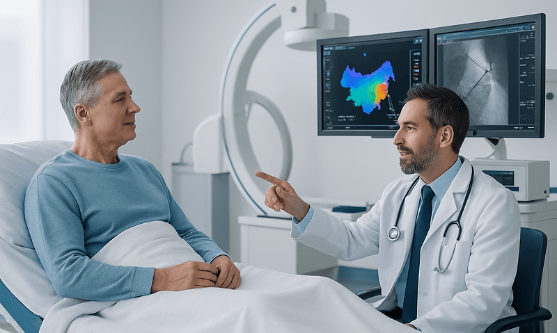 Cardiologist discusses imaging results with patient during ablation procedure.
