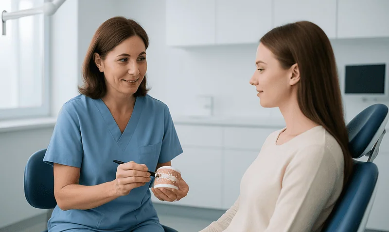 Dentist explaining dental treatment options to a patient in a clinic.