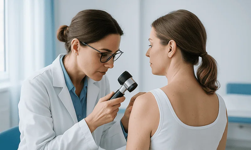 Dermatologist examining patient's shoulder with a dermatoscope in clinic.