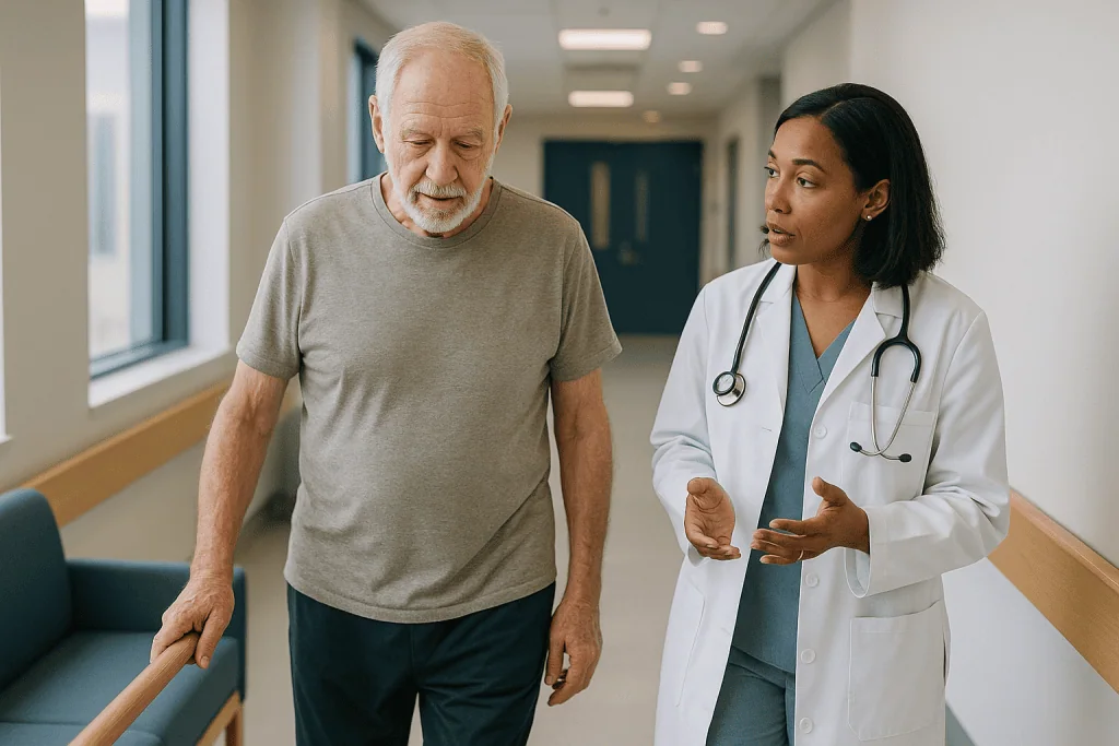 Doctor walking with elderly patient in hospital corridor: How aging actually works, in plain language