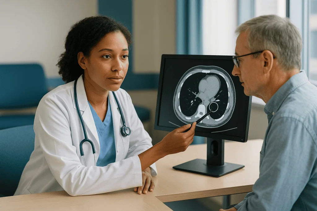 Doctor discussing CT scan with patient at desk: How algorithms read CT scans: triage, nodules and measurement