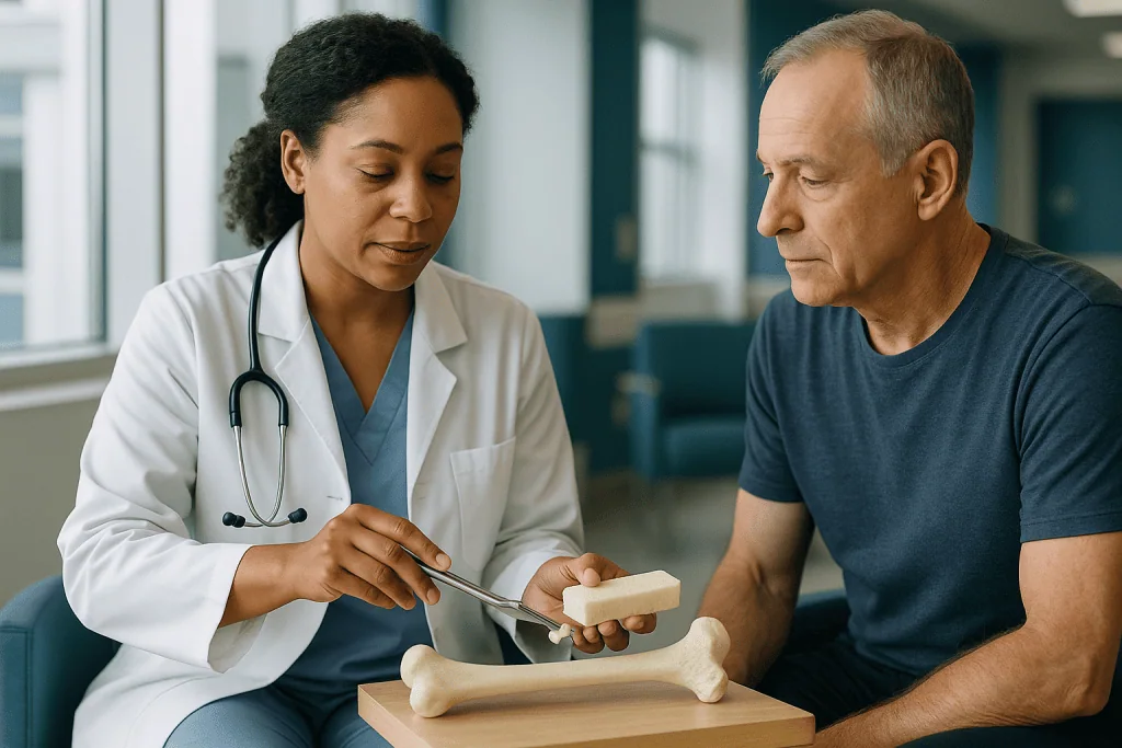 Doctor consulting with patient about bone model: How allograft bone grafting works in plain language