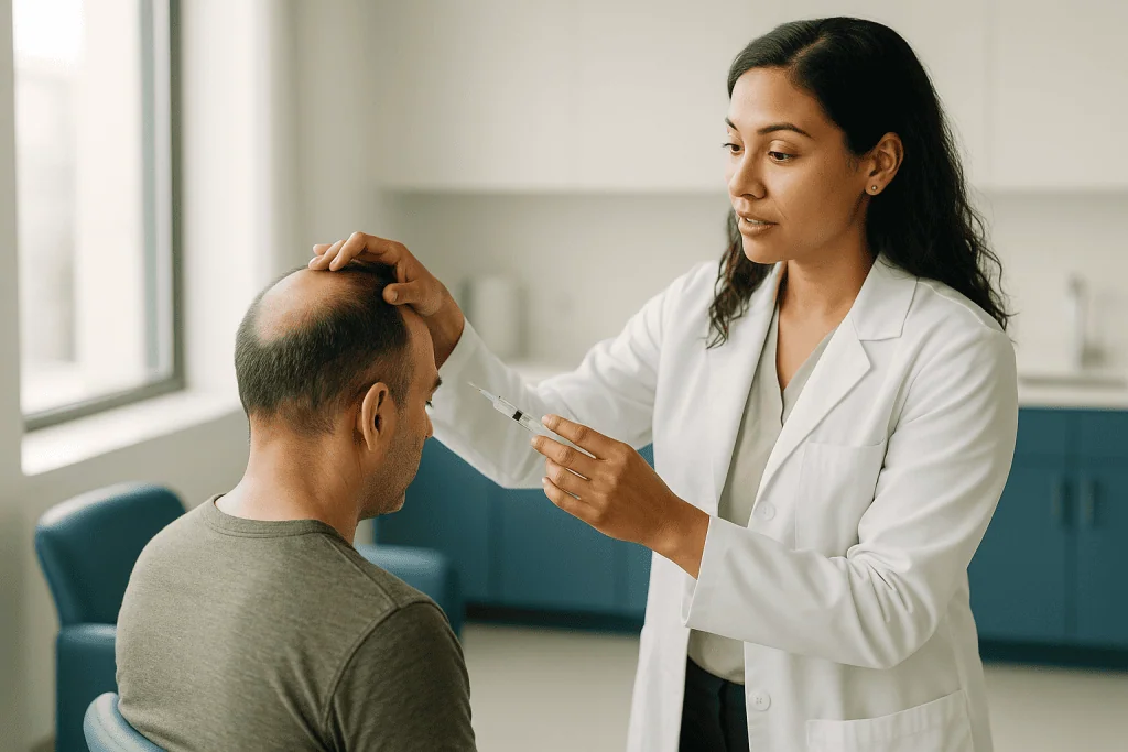 Healthcare provider administering scalp injection to male patient: How alopecia areata scalp injections actually work