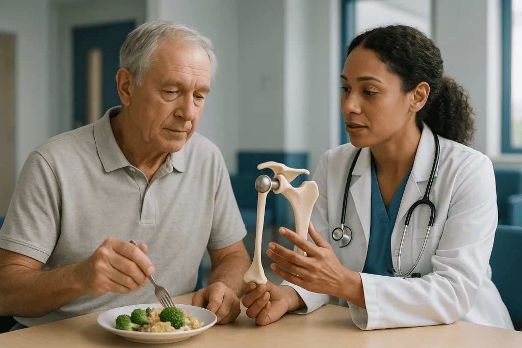 Doctor consulting elderly patient about nutrition with bone model: How an anatomic vs reverse shoulder prosthesis actually w