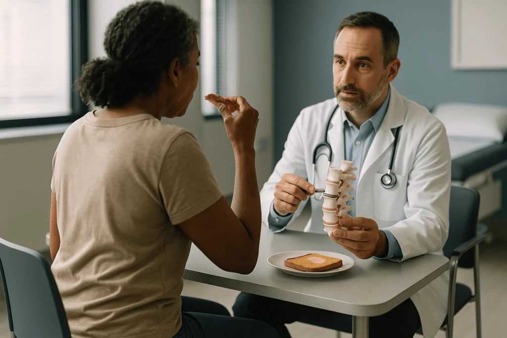 Doctor consulting patient with spine model and bread: How an artificial disc replacement keeps the segment moving