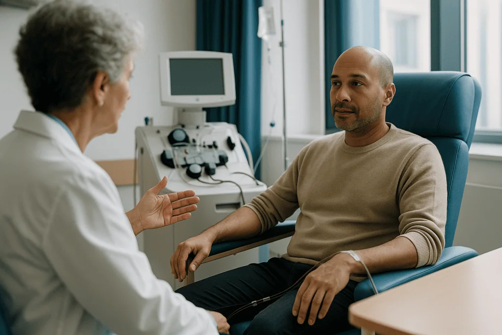 Doctor consulting with male patient in clinical office: How an autologous stem cell transplant myeloma procedure works, step