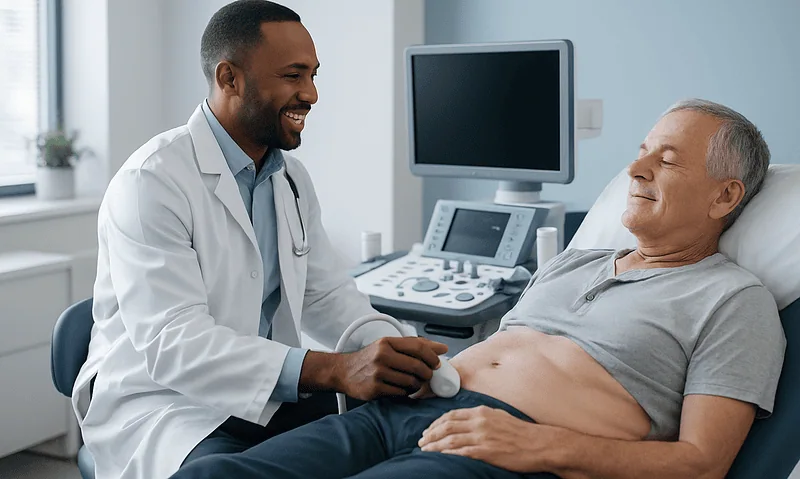 Doctor performing an echocardiogram on a patient in a hospital room.