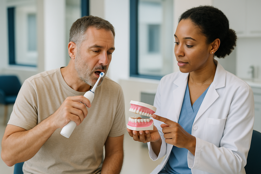 Dentist demonstrating proper toothbrush technique to male patient: How an electric toothbrush removes plaque differently