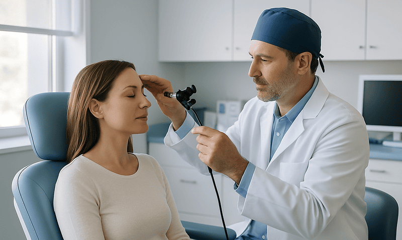 ENT specialist examines patient with endoscope during consultation at hospital.