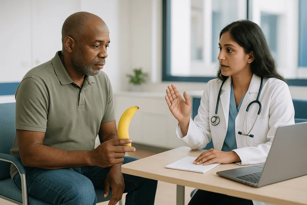 Doctor consulting patient about nutrition with banana — How an erection actually works: blood, nerves and hormones in sequenc