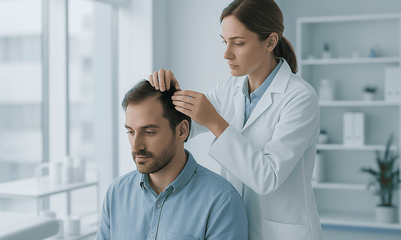 Doctor examining patient's scalp for eyebrow transplant planning.