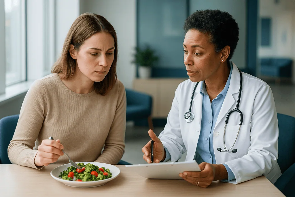 Doctor consulting patient about diet and nutrition: How an IBS diet plan with treatment works: the first-line changes