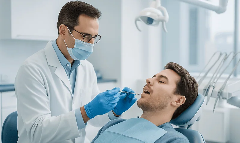Dentist performing dental examination on patient in clinic.