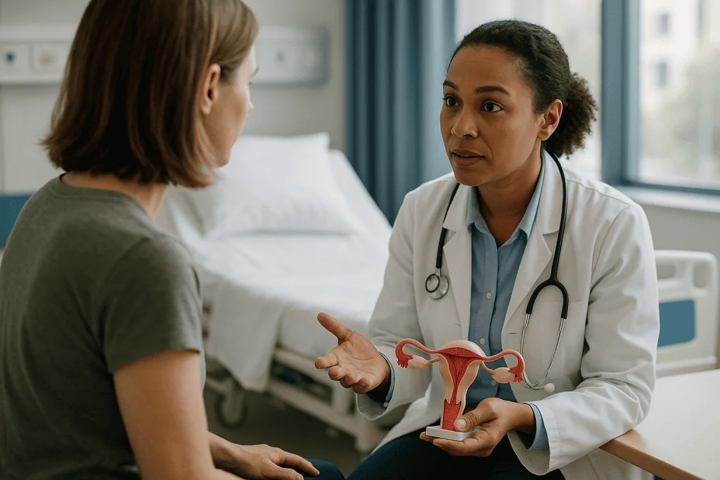 Female doctor consulting patient with reproductive anatomy model: How androgen insensitivity syndrome actually works in the