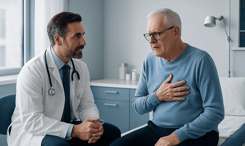 Doctor consulting with an elderly patient about chest pain in a hospital room.