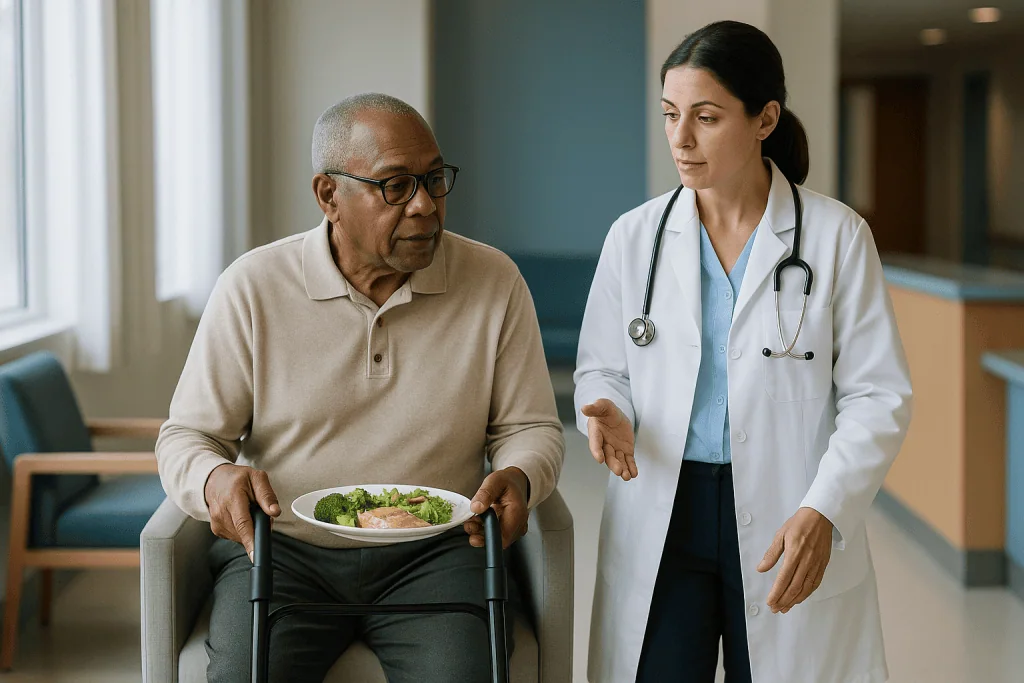 Doctor consulting older patient holding plate of healthy food: How angina treatment in older adults actually works: three jo