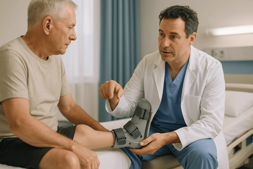 Doctor examining patient's ankle boot in clinical setting — How ankle replacement works, in plain language